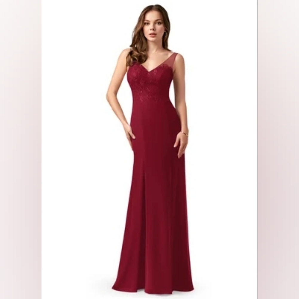 Azazie Burgundy V-Neck Lace Bodice Evening Gown - Picture 1 of 8